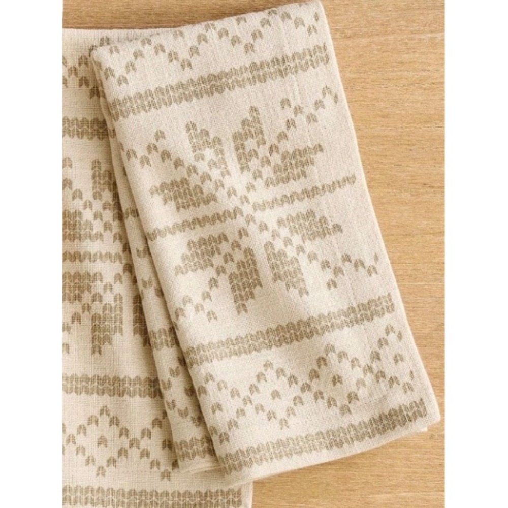 Pottery Barn Fair Isle Snowflake Cotton Napkin Tan Cream 20x20 Holiday Decor NEW
